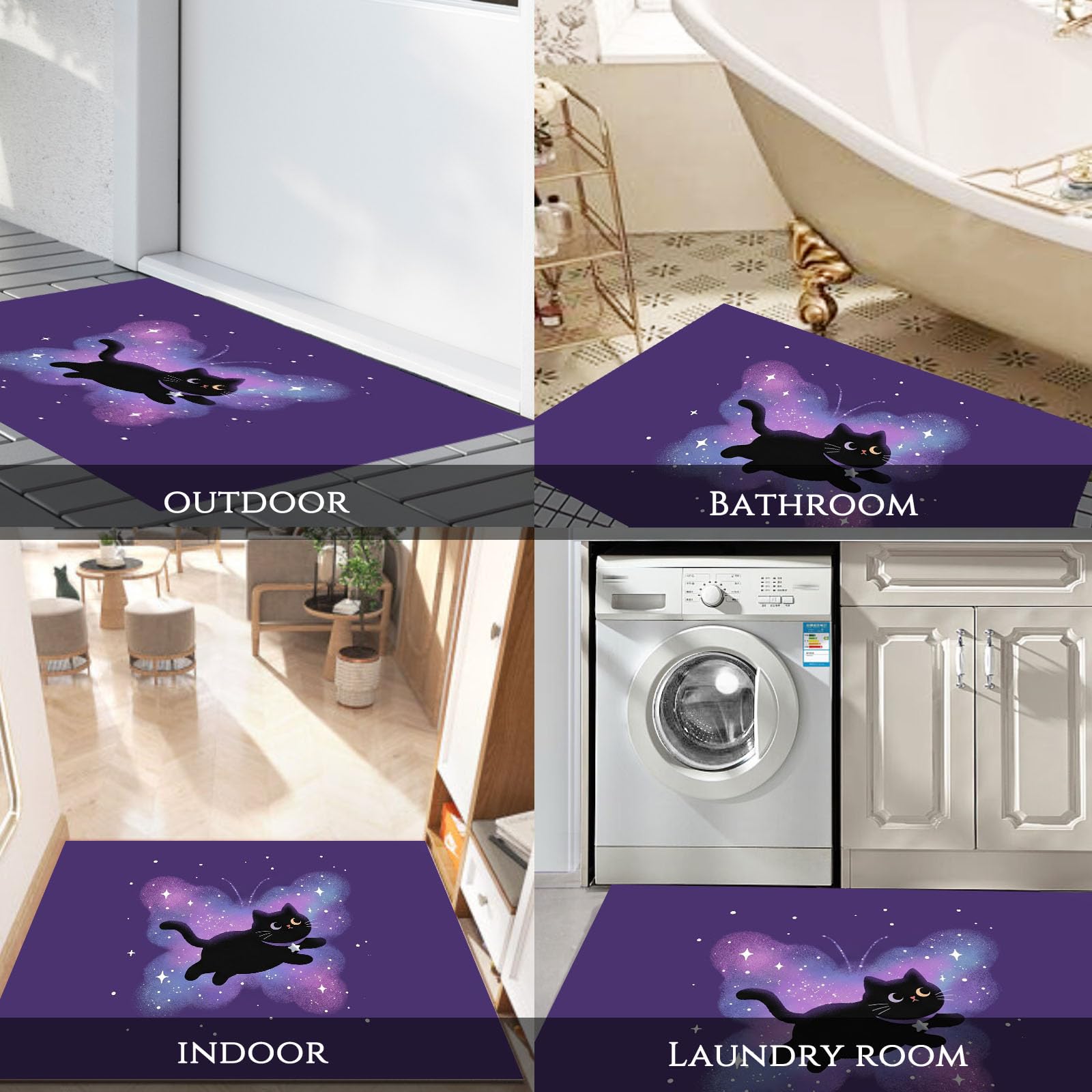 Felpudo de Entrada 90x150cm, Alfombra Misterioso Gato Espacial Atrapapolvo Alfombra Mariposa Gato Negro Antideslizante Lavable, Alfombrilla con Microfibras Suaves para Puerta, Pasillo, Morado Intenso