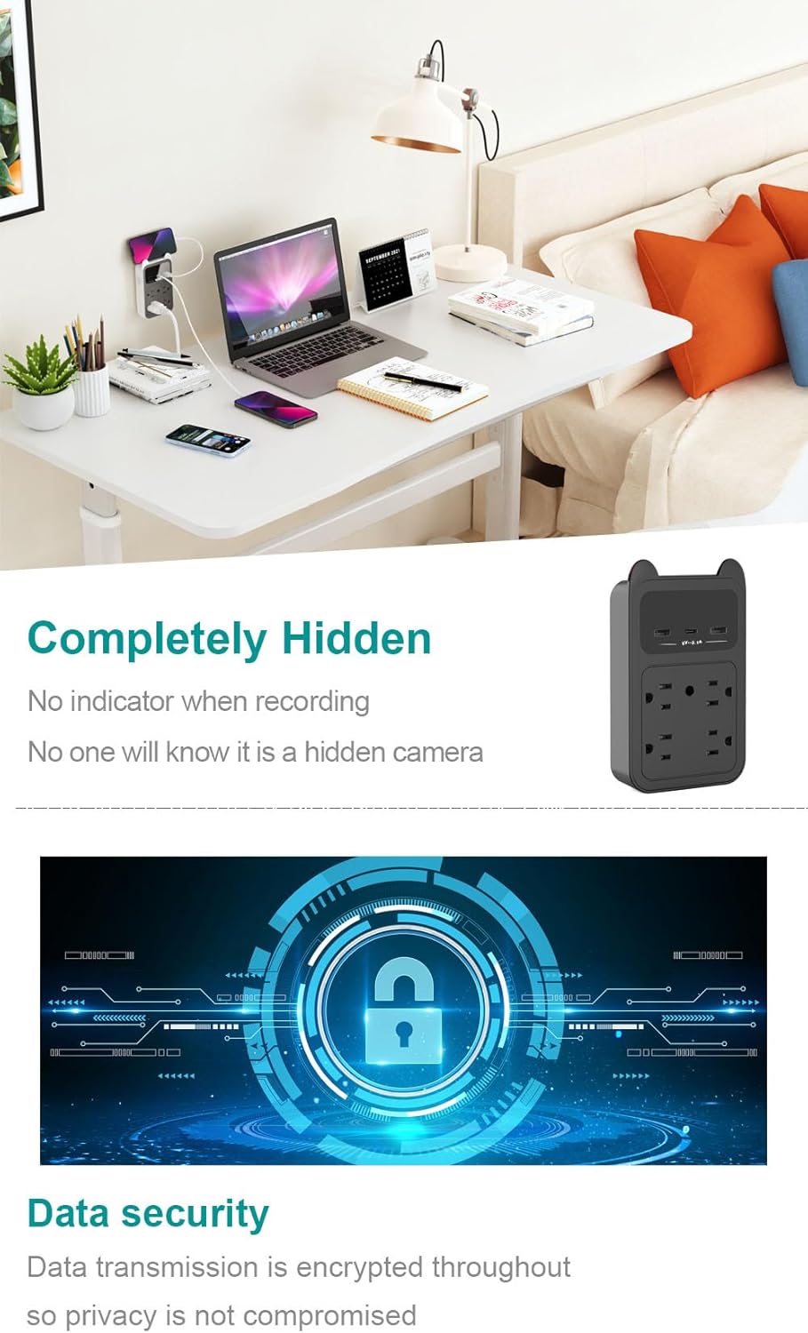 2026 Upgraded Hidden Camera - Outlet Camera - HD 2K Mini Wireless Nanny Cam Security Camera With Motion Detection - 120° Wide Angle for Discreet Home Indoor Security (Black+128G SD Card)