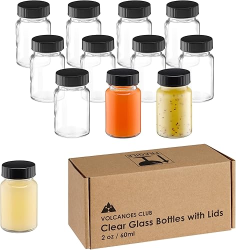 Tarros de vidrio de 2 onzas con tapas, juego de botellas de vidrio para líquidos, jugos, inyección de jengibre, muestra, recipientes pequeños con