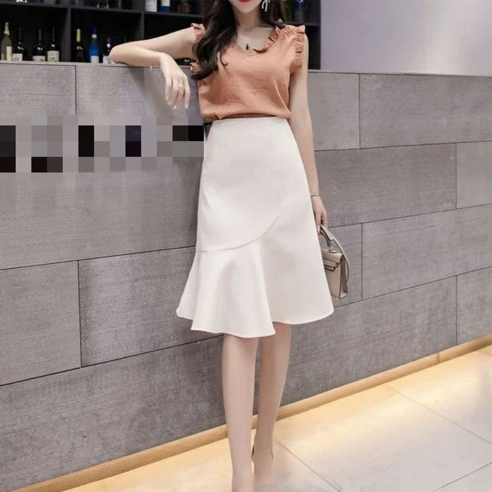 Jupe longue fine à volants pour femme - Jupe d'été solide taille haute, WHITE-A, 44