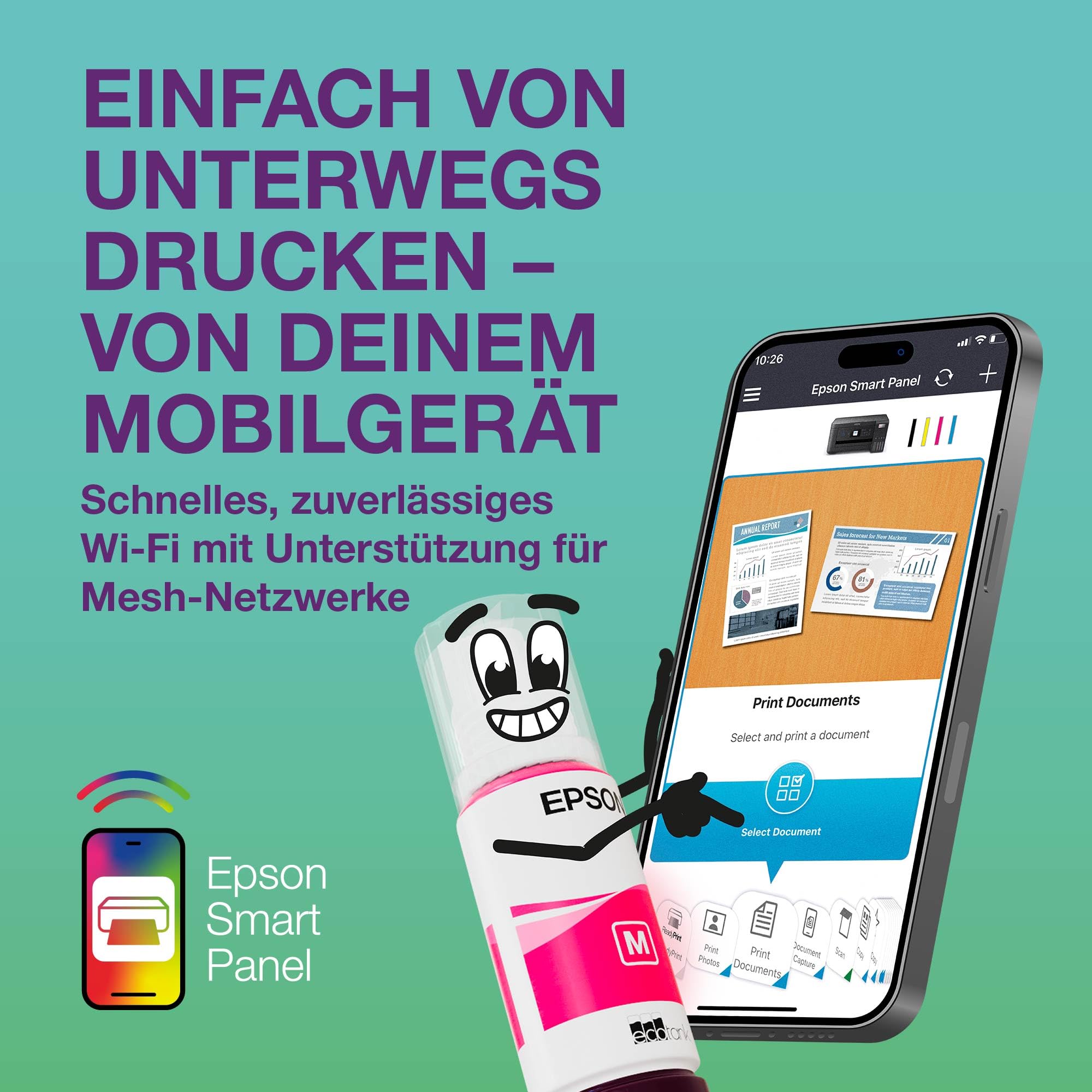 Epson EcoTank ET-2926 | Für vielbeschäftigte Haushalte | Wi-Fi | A4 | Drucken, Kopieren, Scannen | LC-Display | AirPrint-kompatibel | Kompakt | Enthält bis zu 3 Jahre Tinte