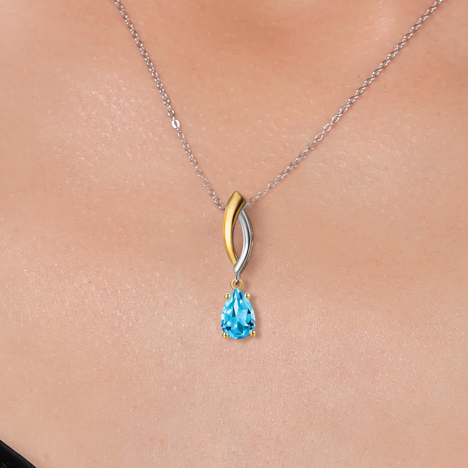 Gem Stone King 925 Silver and 10K Yellow Gold Swiss Blue Topaz Pendant Necklace for Women | 0.77 Cttw | Gemstone November Birthstone | Pear Shape 7X5MM | With 18 Inch Silver Chain - Image 3