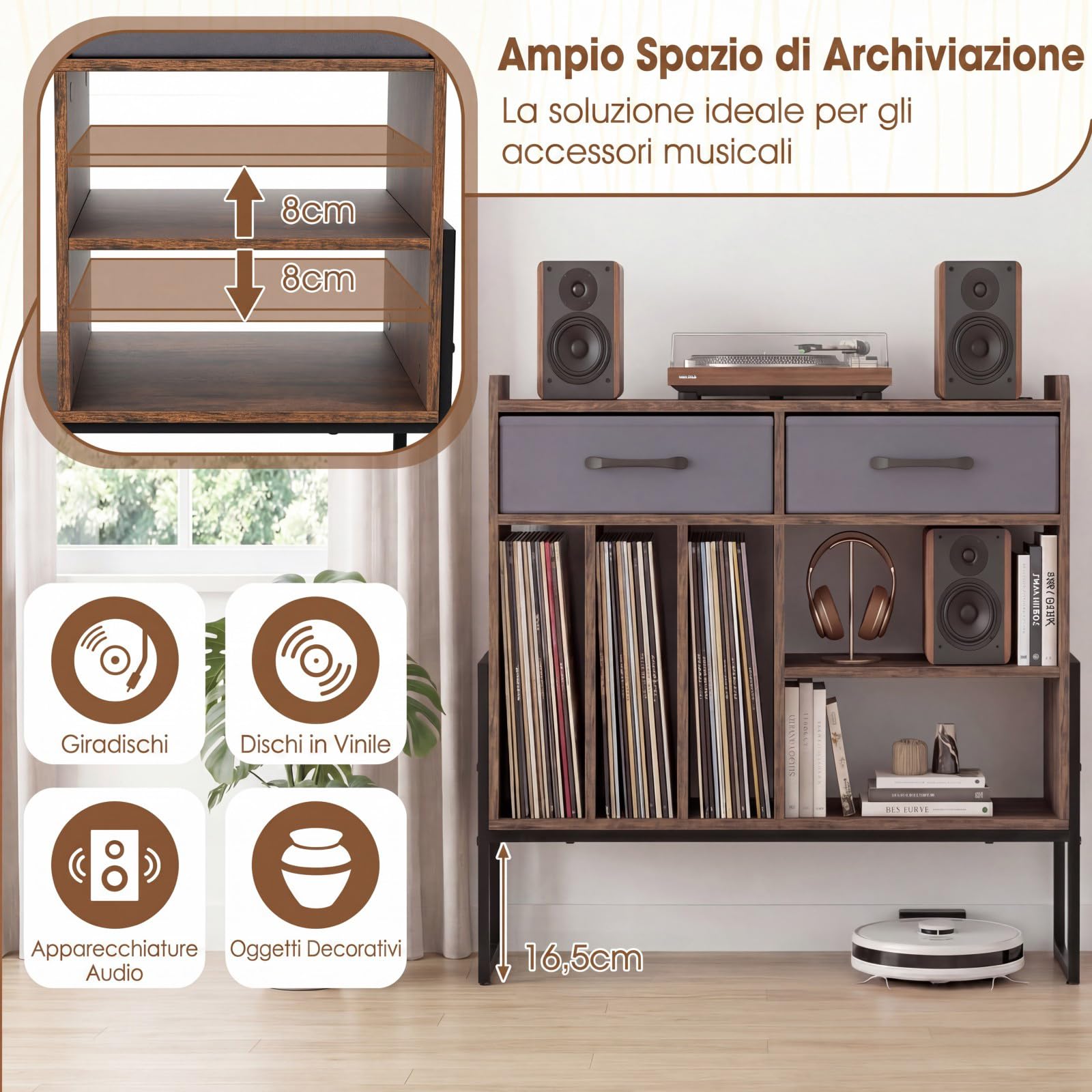 COSTWAY Supporto per Giradischi in Vinile, Mobile per Giradischi con Stazione di Ricarica, 2 Cassetti Rimovibili in Tessuto e Ripiano Regolabile, Supporto Porta Dischi Vinile per Soggiorno, Studio