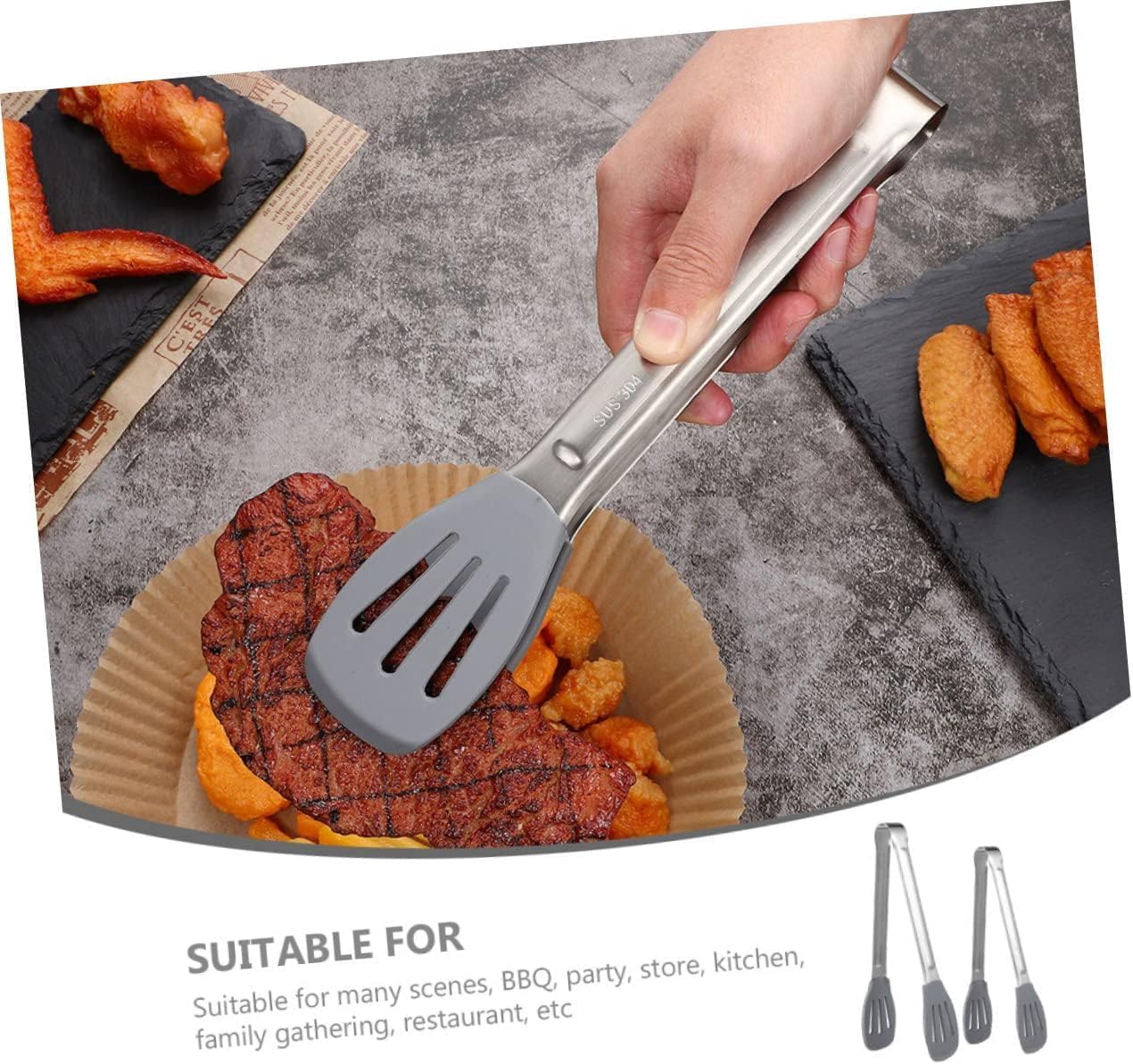 Cooking Tongs, 2pcs Stainless Steel Food Tongs Appetizers Noddles Tongs Silicone Buffet Tongs Veggie Tong Grilling Tong Bread Tongs Bakery Bread Clip Bread Cake Tongs