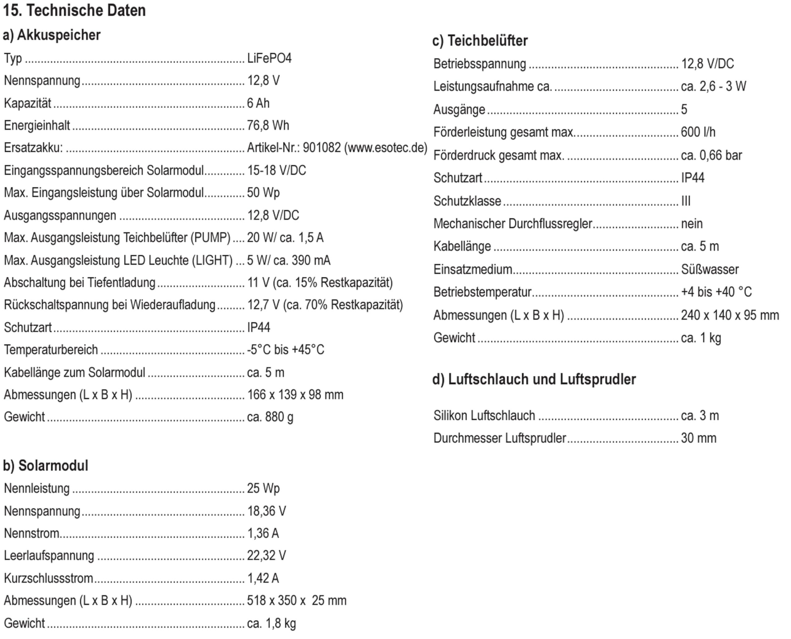 esotec Solar Teichbelüfter Set 25/600 Power, 5 Ausgänge, 12,8 V/DC Sauerstoffpumpe, 600 l/h Luftleistung, LiFePO4 Akku, Teichbelüftung, Luftpumpe, Solarpanel 25W, Erdspieß 101877
