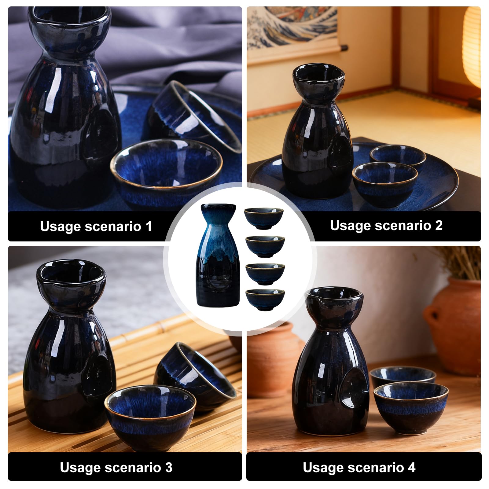 GOEDCH Set di sake tradizionali giapponesi: set di vino di riso blu per stile giapponese, include 4 tazze per sake e 1 vaso per sake, set di sake artigianale per la casa ristorante