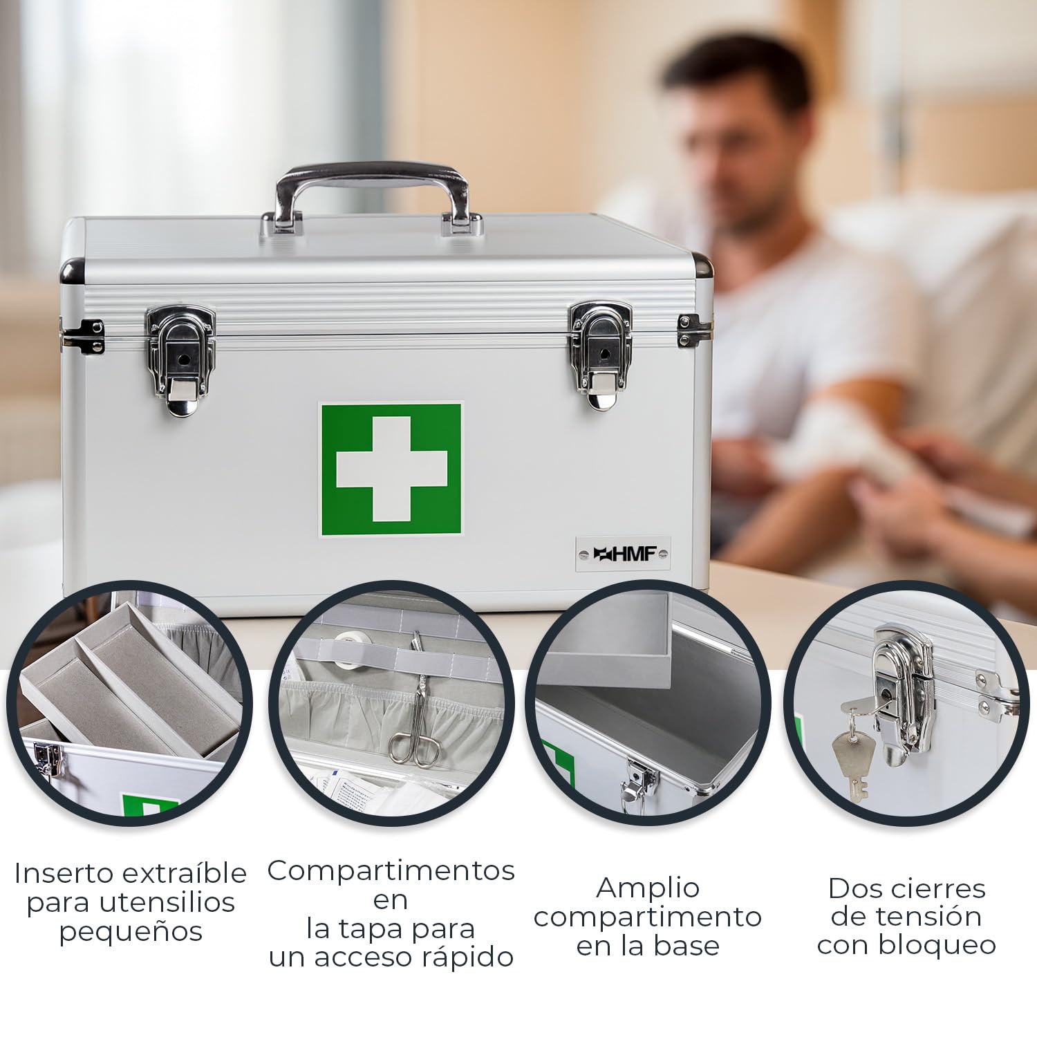 HMF Maletín de Primeros auxilios, Botiquín Médico de Aluminio, Caja de Emergencia con Asa | 30 x 25 x 25 cm