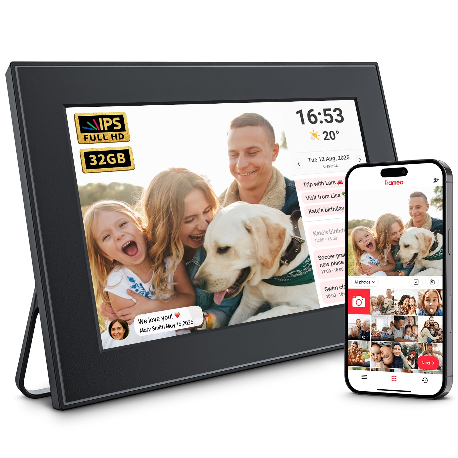 Marco de fotos digital WiFi de 32 GB, marco de fotos Frameo de 10.1 pulgadas, pantalla táctil IPS HD de 1280 x 800, rotación automática, comparte fotos/videos al instante a través de la aplicación