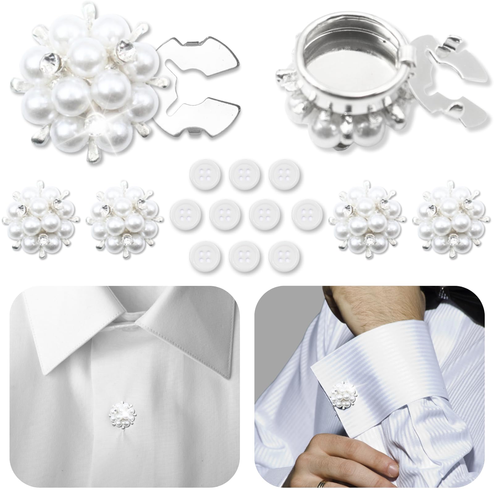 Button Covers for Women Pearly 6 Set Sewing Buttons Silver White Crystal Rhinestone for Men Suitable Dress DIY and Holiday Decoration Embellishments