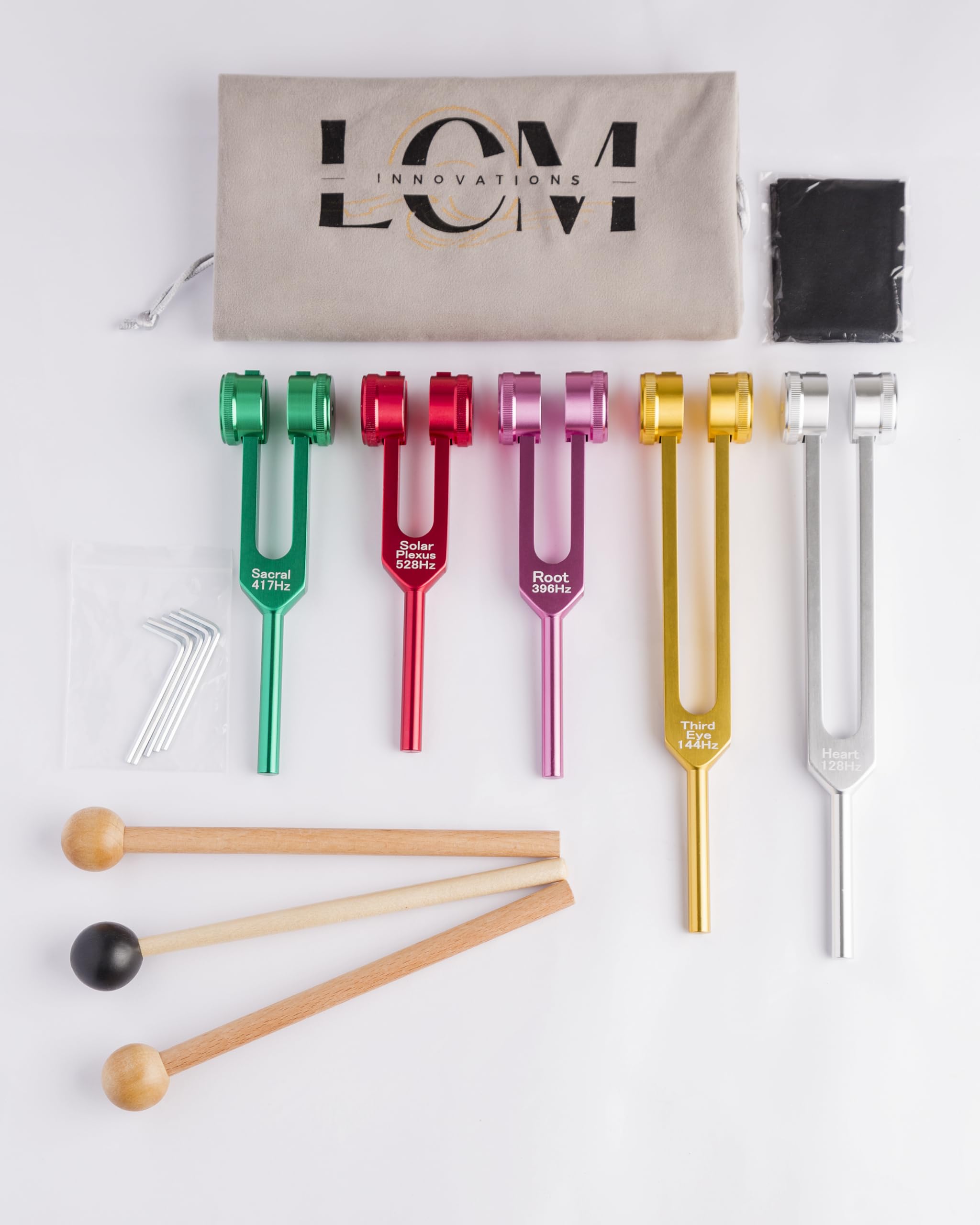 Tuning Forks for Chakra Healing and Music Therapy by LCM Innovations set of 5 Aluminum Alloy sensory, body weighted fork for medical purposes, stress relief, frequency healing devices