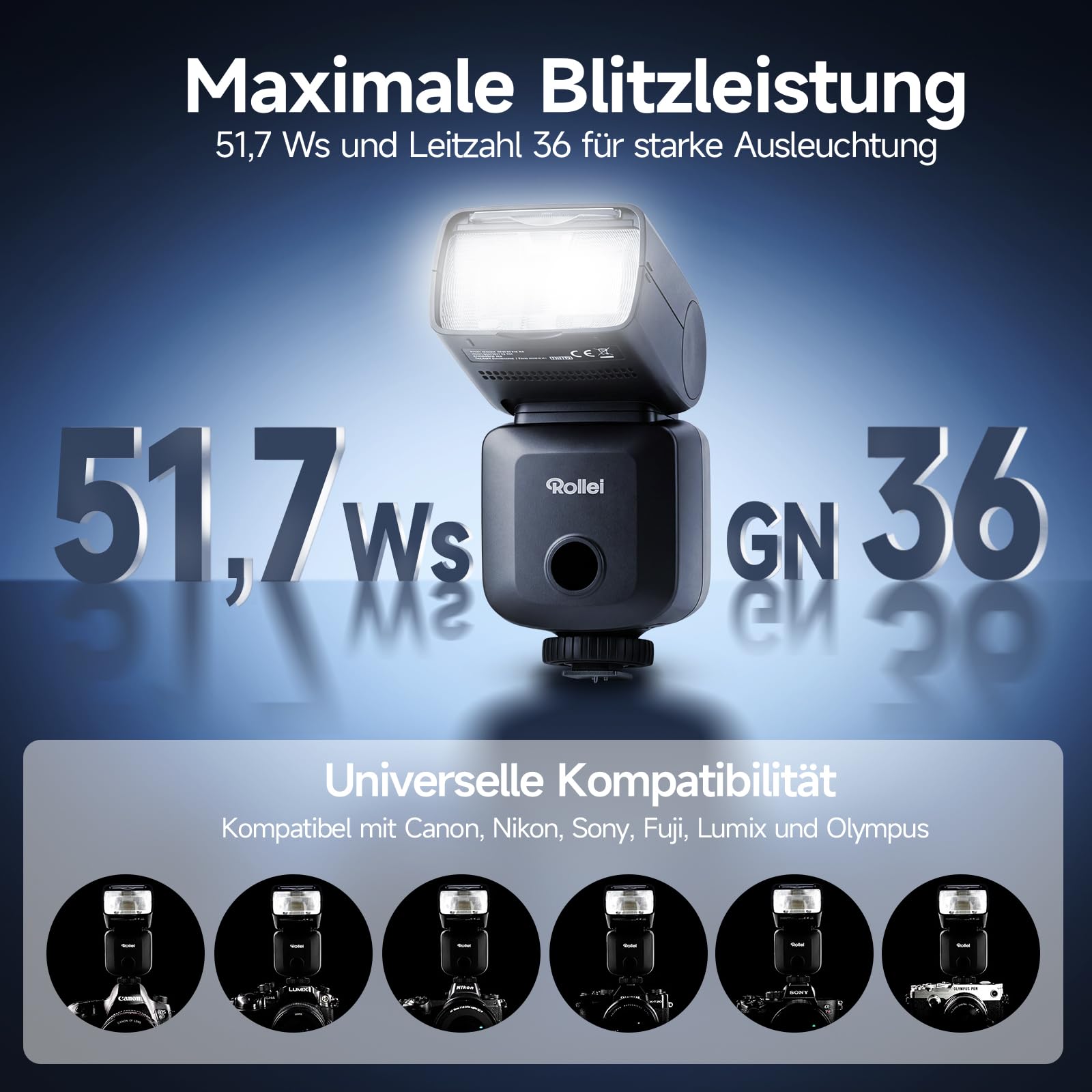 Rollei Flashy ONE MAX 36 Aufsteckblitz, Mini Kamera Blitz 51.7 Ws GN 36
