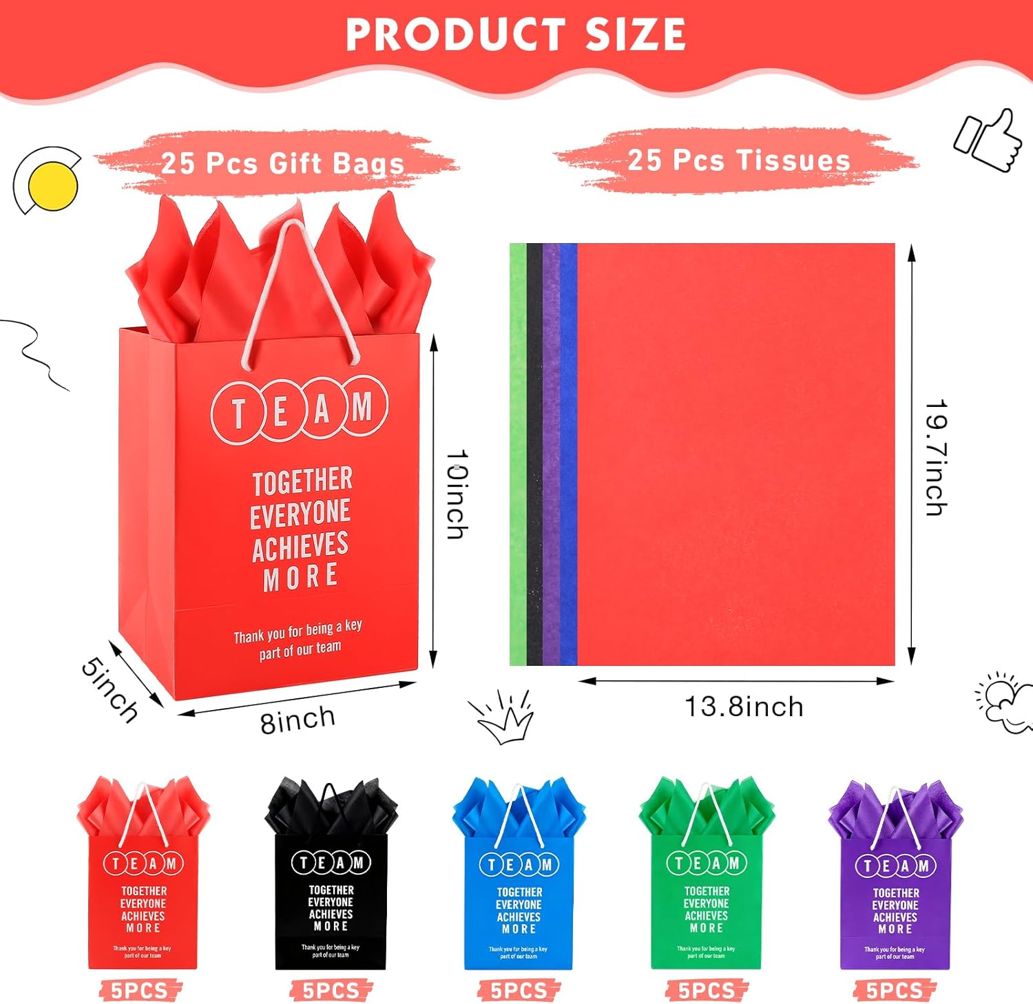 Addblu 50-Piece Christmas Employee Appreciation Gift Bag Set - Includes 25 Gift Bags with Handles (8x5x10 Inches) & 25 Tissue Papers, for Staff Coworkers & Thank You Gifts