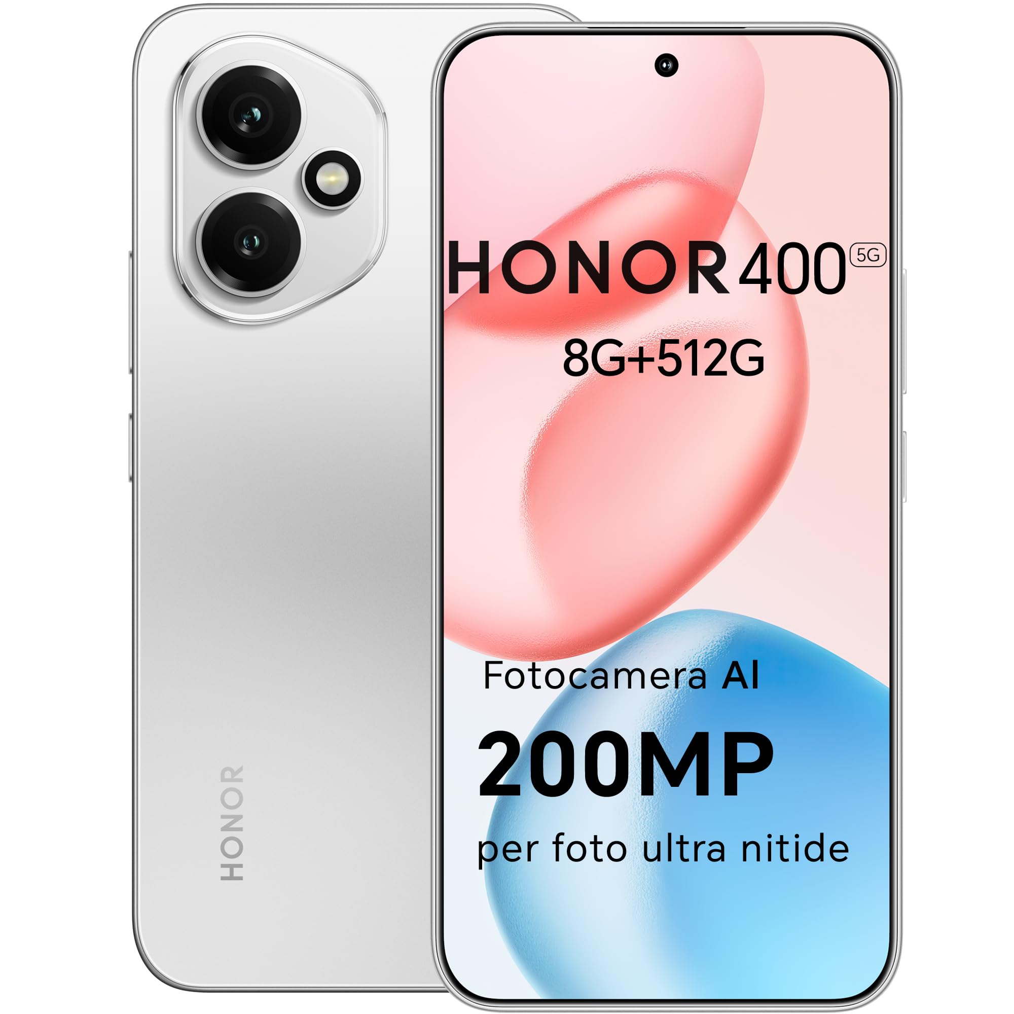 HONOR 400 Smartphone 5G Dual SIM NFC,200MP con AI fotografica, 8GB/512GB,5300 mAh, 6.55 pollici AMOLED Eye-Care Display cellulare, Snapdragon 7 Gen 3 telefono,Smartphone con Android 15, Meteor Silver