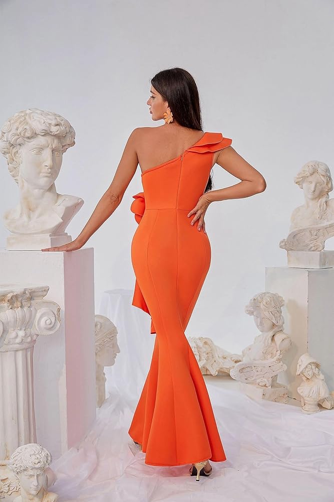 Amazon.com: CPUTAN Women's Orange One Shoulder Big Flower Ruffles