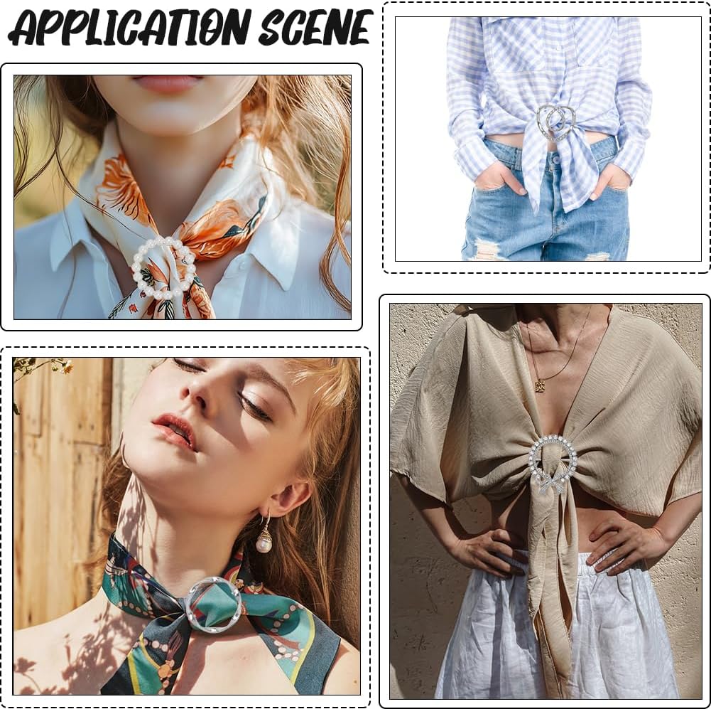 5Pcs 5 Styles Platinum Silver Shirt Ties Clip to Tighten with Rhinestone Plastic Pearl Corner Cincher Scarf Ring Alloy Metal Round Circle Clips for Women Clothing Decoration Accessories image 5