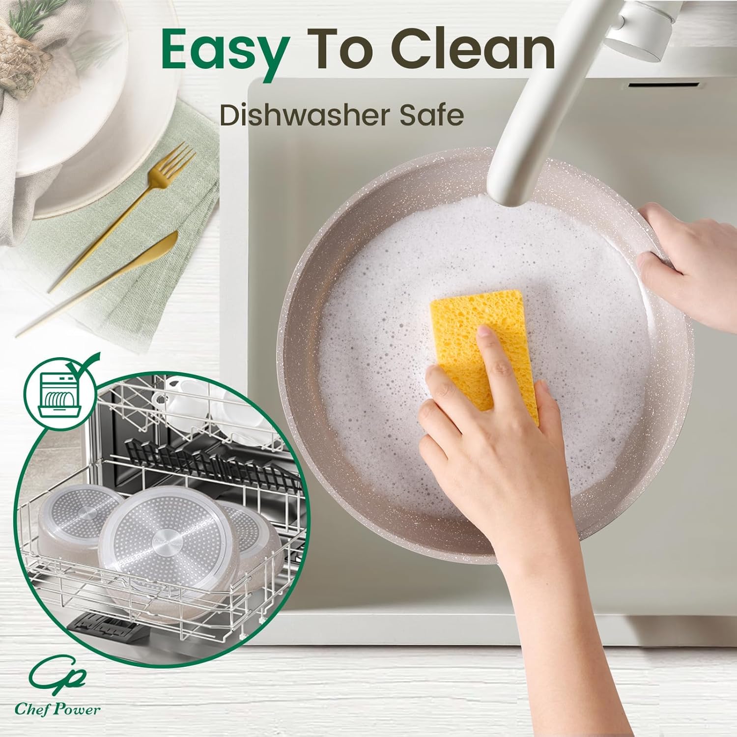 Chef Power Ceramic Nonstick Pots and Pans Set 19 Piece with Detachable Handle, Induction Dishwasher Oven Safe Cookware Set, RV Kitchen Set Removable Handle, Mocca Taupe - Image 5