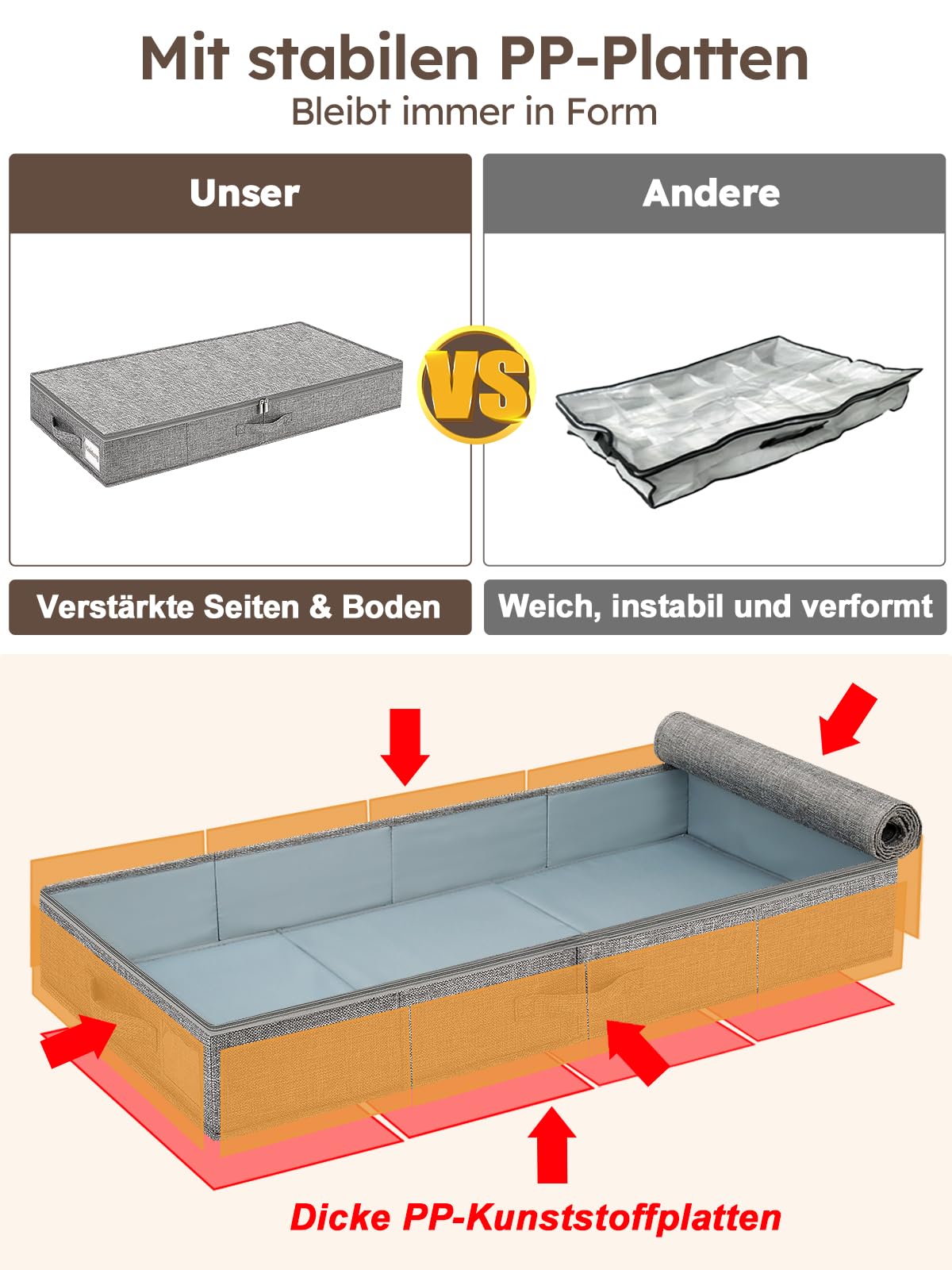 JUPELI Contenitore portaoggetti da 40 l, 85 x 40 x 12 cm, grigio | Solo 12 cm di altezza, struttura rinforzata, pieghevole con coperchio, per vestiti, coperte e biancheria da letto