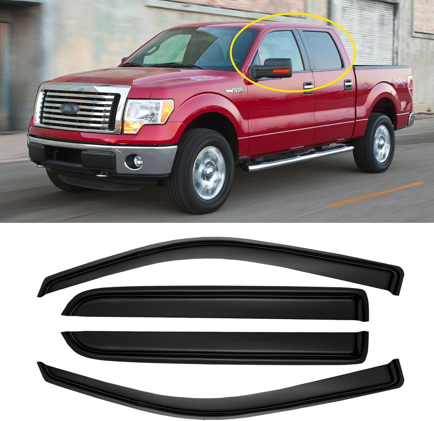 Window Rain Guards for 2009-2014 Ford F150 Crew Cab, Window Visor Guard Vent Wind Shade Deflector Shield Protector Sun for 2010-2014 Ford F-150 SVT Raptor SuperCrew Cab, Outside-Mount, 4pcs