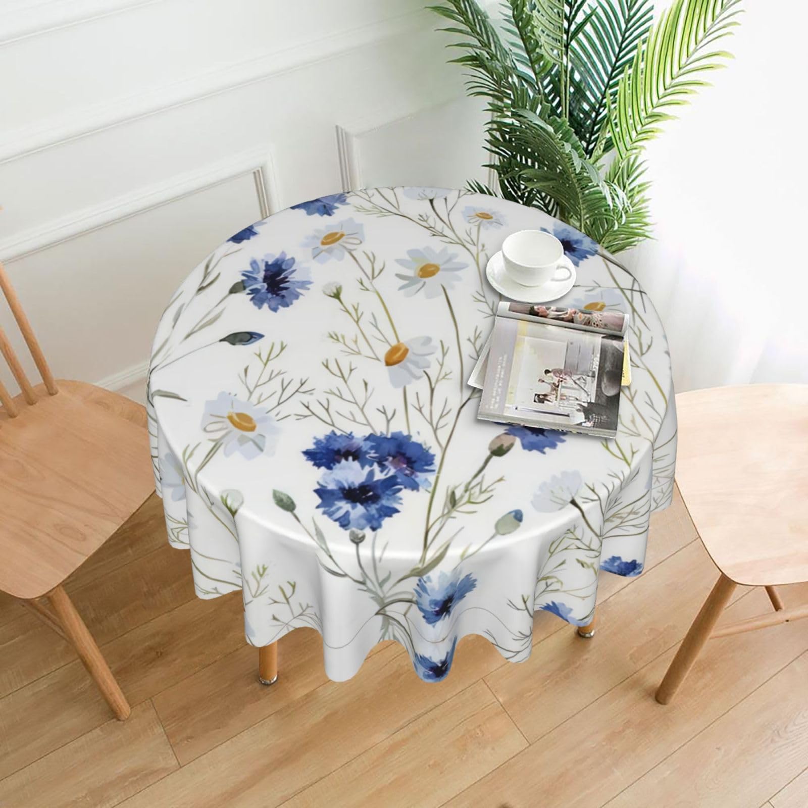 ZHAOUR Hand Drawn Flower Print Round Washable Tablecloth – Table Cover