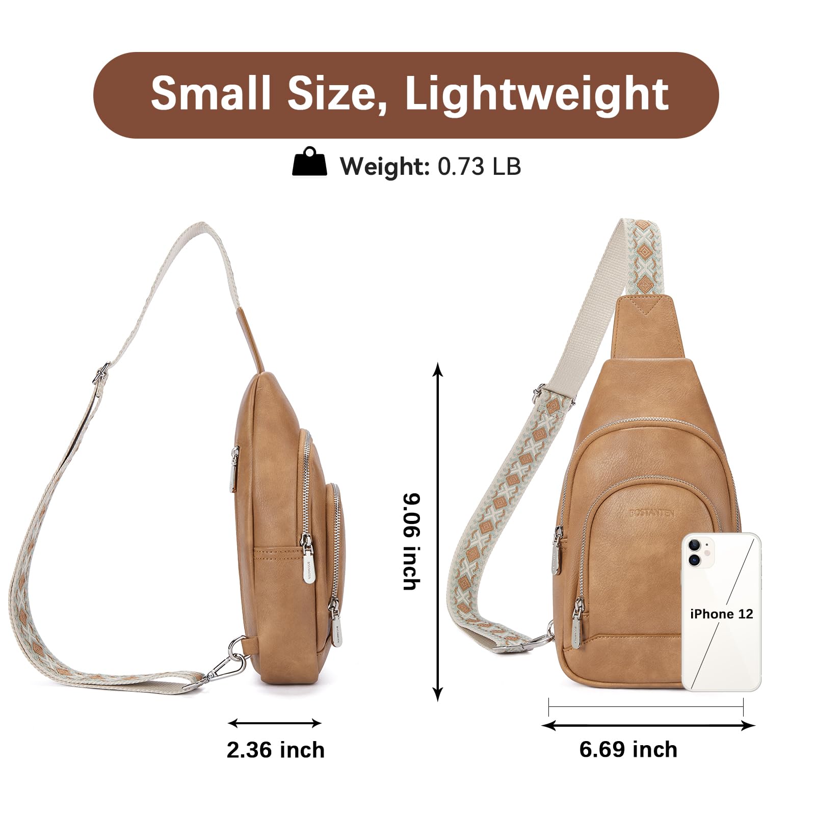 BOSTANTEN Sling Bag for Women Leather Crossbody Bag Vintage Cross Body Purse for Travel with Guitar Strap, Bohemian Style: Camel Brown