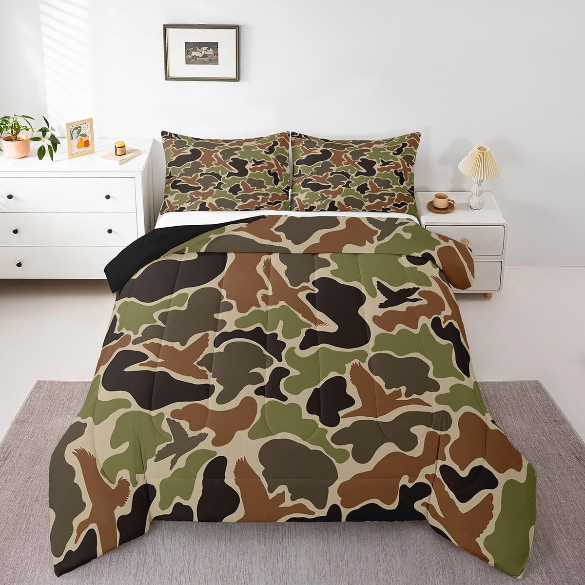 Feelyou Duck Hunter Green Camouflage Hunting Comforter Set Twin Size Kids Black Brown Comforter for Boys Teens Camo Army Bedding Set Breathable Wild Duvet Set Room Decor Quilt Set