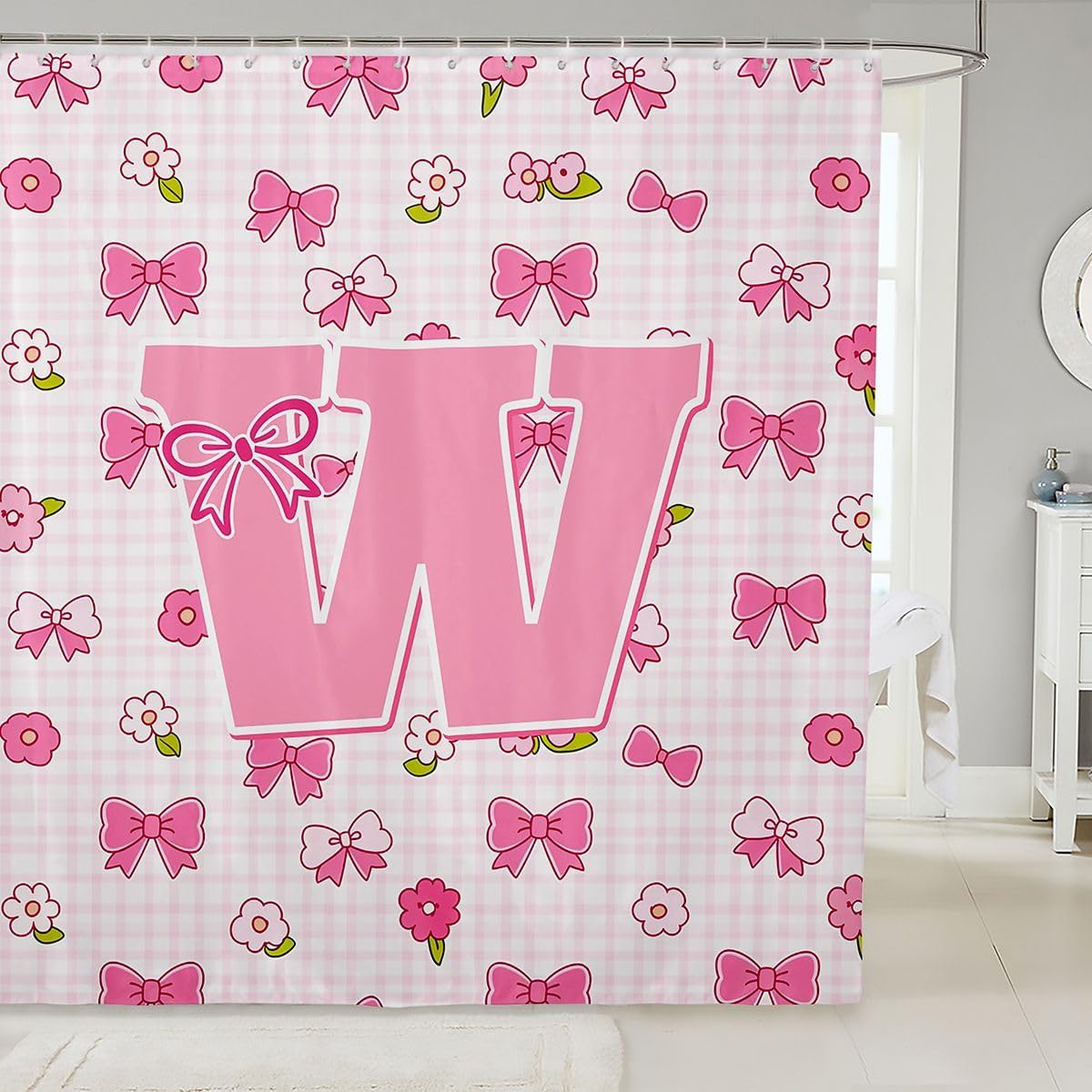 jejeloiu Pink Cute Bow Shower Curtain Cute Flower Bath Curtain Personalized Letter W Bathroom Waterproof Accessories with 12 Hooks Pink Square Lattice Waterproof Polyester,72x72 Inches