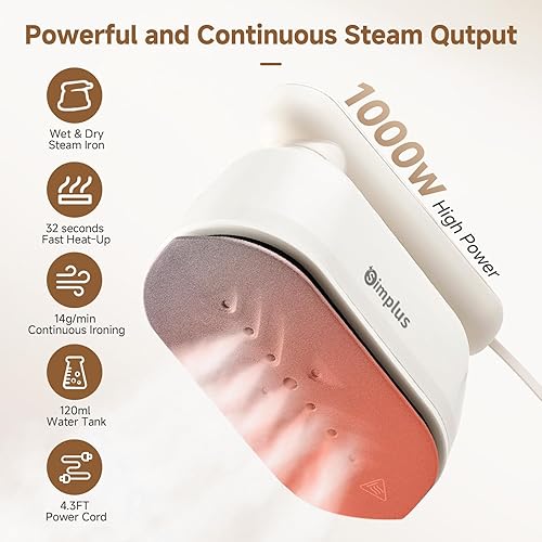 Miniatura 2 de SIMPLUS Vaporizador de ropa para ropa, removedor de arrugas portátil 2 en 1 y potente plancha de vapor, calentamiento rápido de 1000 W, diseño