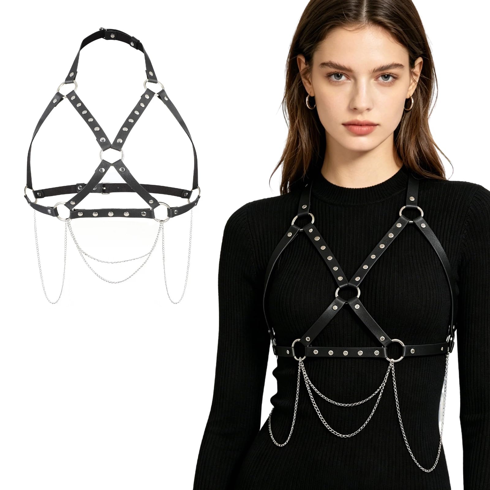 ITODA Harnais de Poitrine Punk en Cuir pour Femme Chaîne de Corps Gothique Sexy Harnais de Chaîne Réglable pour Tenue Rave Punk Corps Ceinture pour Soirée Clubbing Fête Hallowee Cosplay Jouet d’Amour