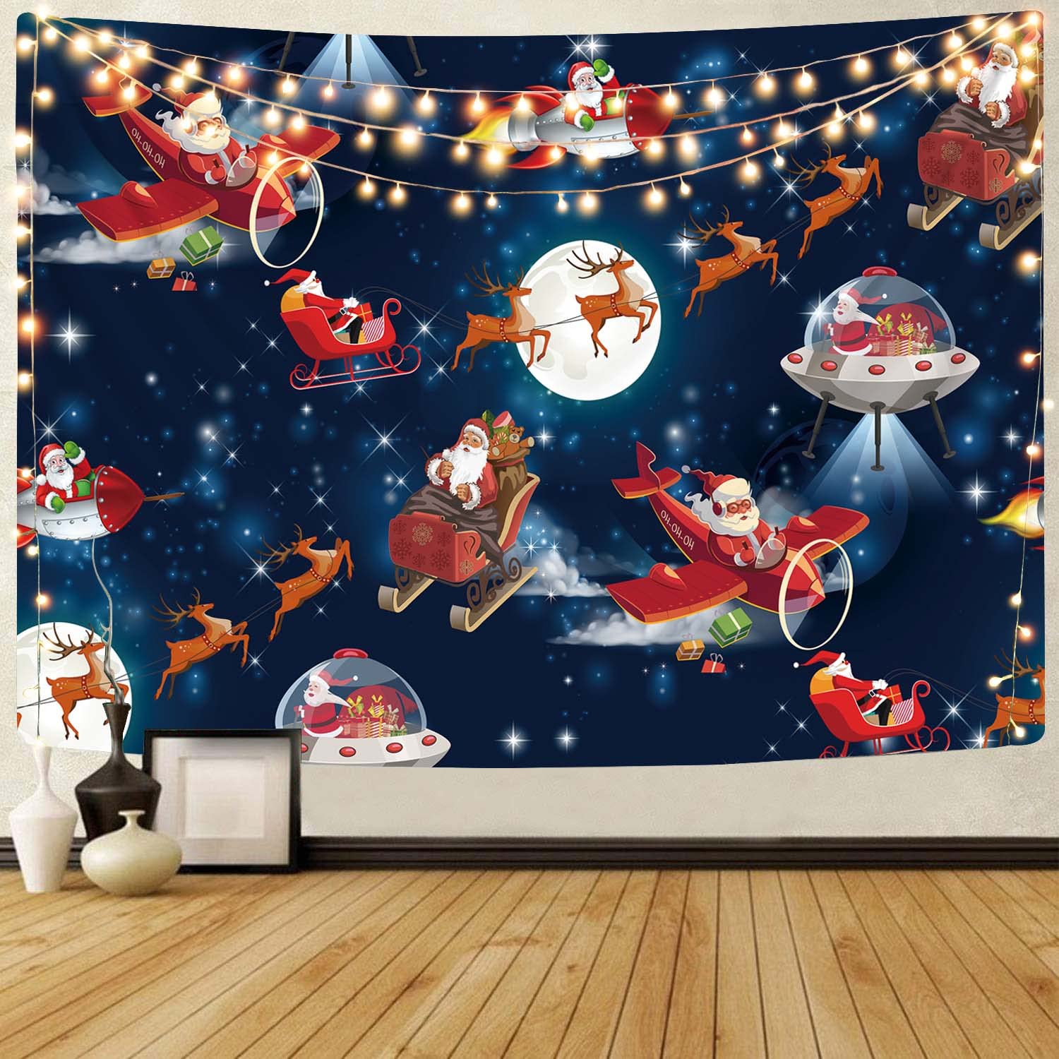 KYKU Christmas Hanging Tapestry Santa Reindeer Tapestry Xmas Festive Tapestry Decoration 3D Print Fabric Tapestries for Bedroom Living Room Classroom Decor Theme Party Home College (51.2 x 59.1)