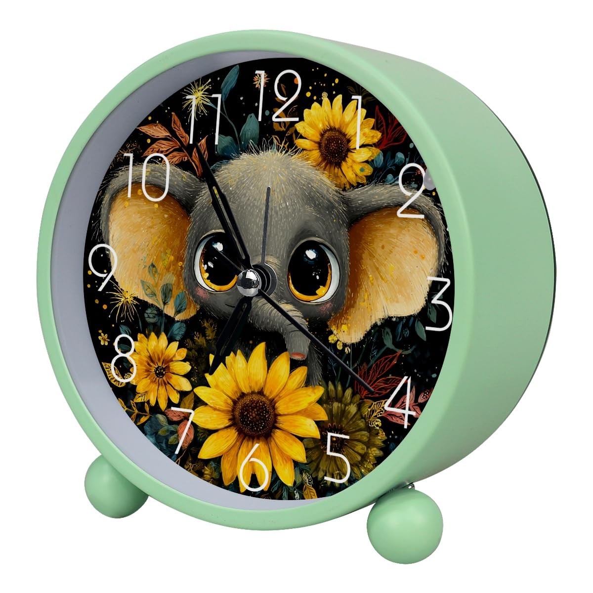 Luoweisi Analog Alarm Clock Elephant Sunflowers, Silent Non-Ticking with Night Light, Battery Operated, Round Desk Alarm Clock for Office, Bedroom, Elderly, Adults, Children, Student Gifts