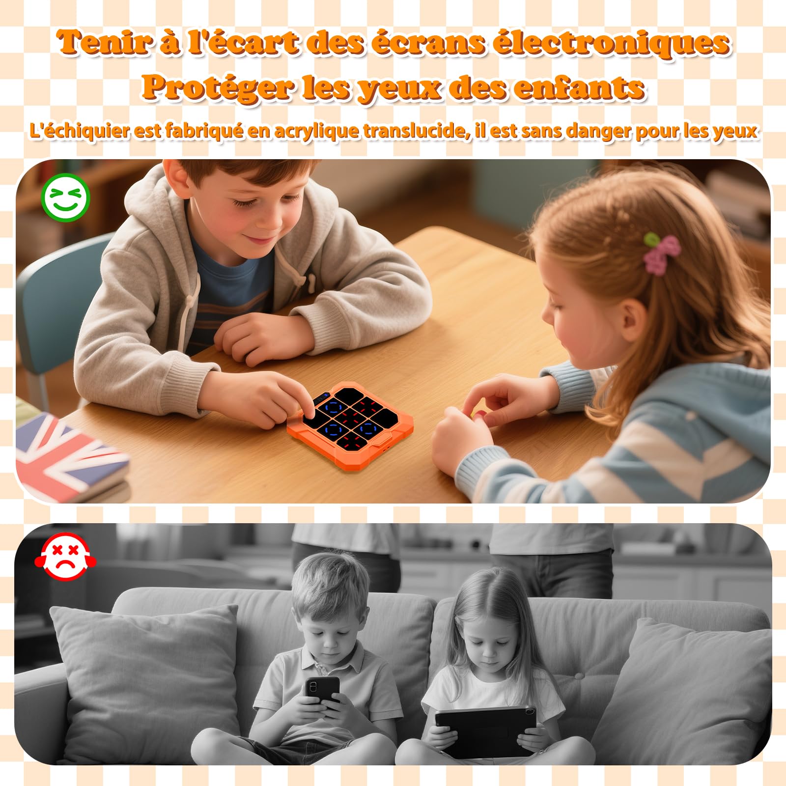 BlueSwan Morpion Électronique 6‑en‑1 Console de Jeu Portable Rechargeable avec Mode Silencieux Orange