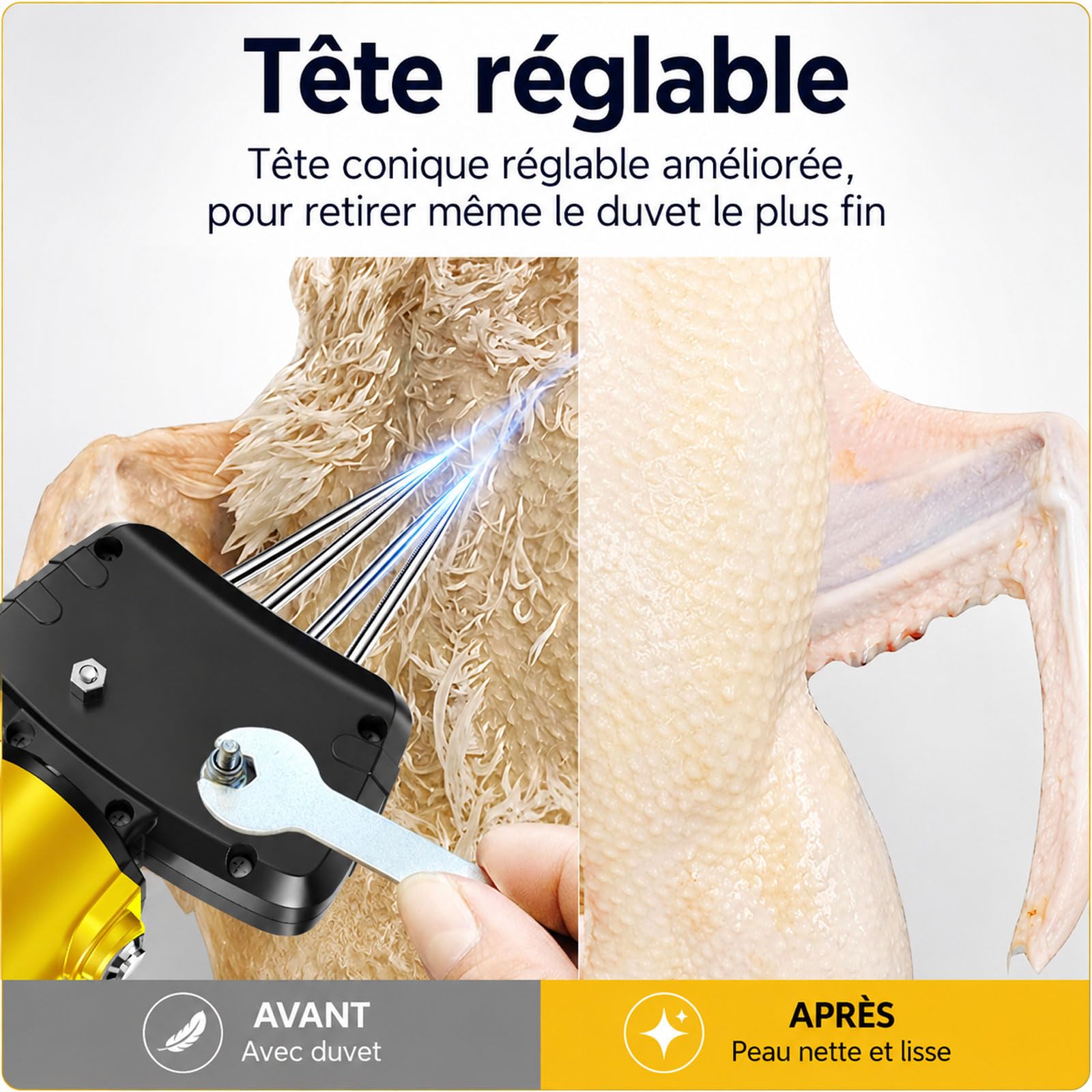 Plumeuse Automatique Portative pour Volailles, Machine sans Fil Haute Puissance De 300 N, Écartement des Cônes Réglable, Tête Amovible, pour Dinde, Poulet Et Canard