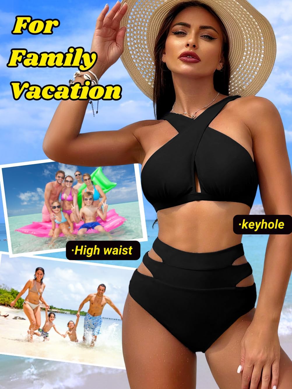 Kaei&Shi Bikini Sets for Women Full Coverage Bottoms,High Waisted Bathing Suit,Cut Out Criss Cross Two Piece Swimsuits