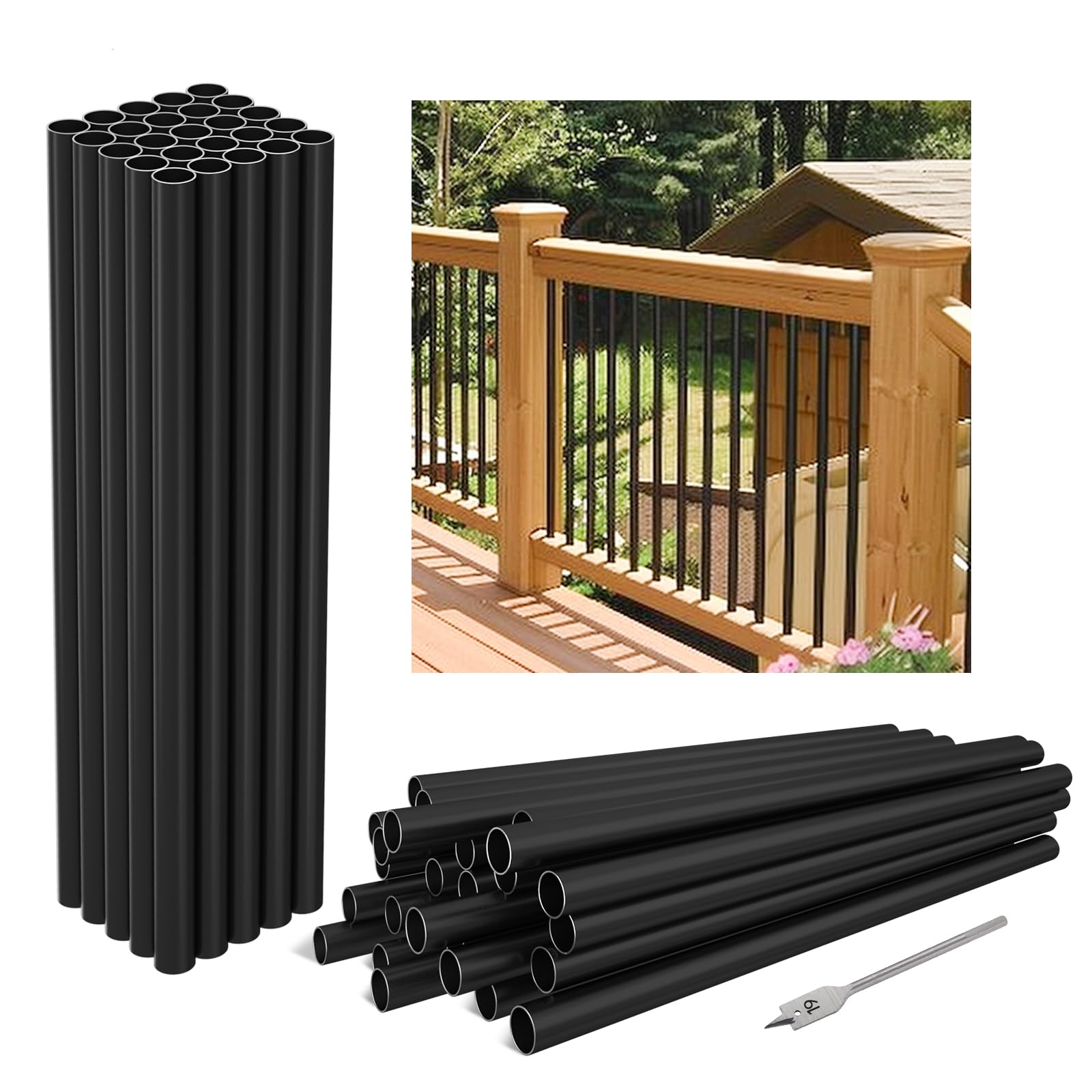 50-Pack 36"x3/4" Aluminum Deck Balusters Hollow Round Deck Railing Spindles Matte Coated Black for Wood and Composite Deck Indoor Outdoor