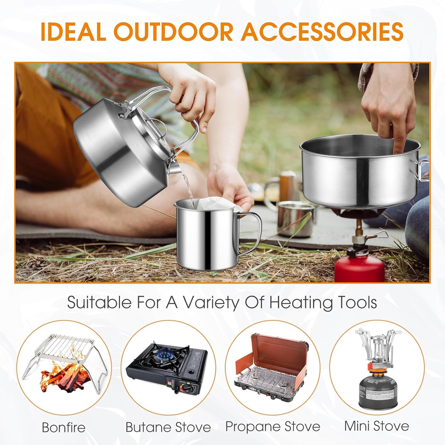 15 Pcs Camping Cookware Mess Kit Outdoor Cooking Set Stainless Steel with Pot and Pan Kit 2 Set Stainless Steel Cups Plates Forks Knives Spoons for Camping Backpacking Cooking Picnic