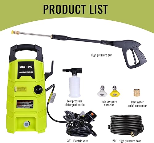 Miniatura 8 de Lavadora a presión eléctrica, 1800PSI 1.6GPM Lavadora eléctrica portátil con manguera de 20 pies y cable de alimentación de 35 pies, dos boquillas,