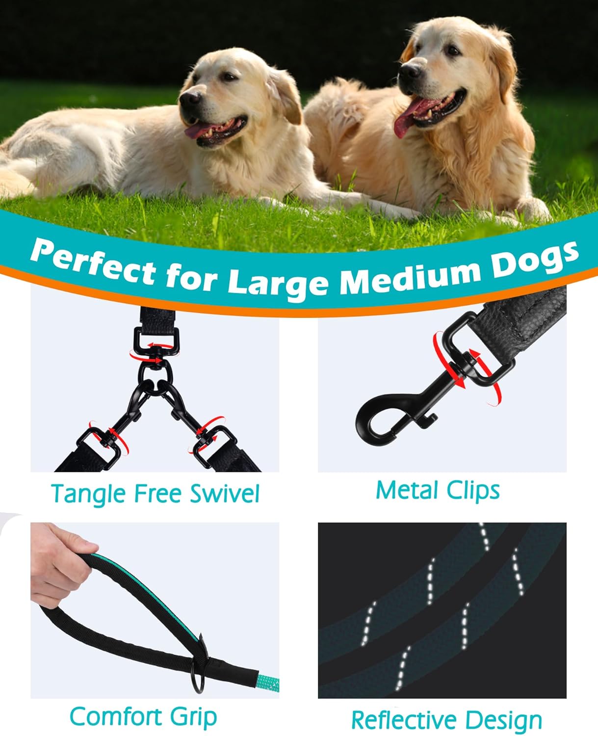 PetBonus Rope Double Dog Leash and 2-Pack Large Silicone Collapsible Dog Bowls