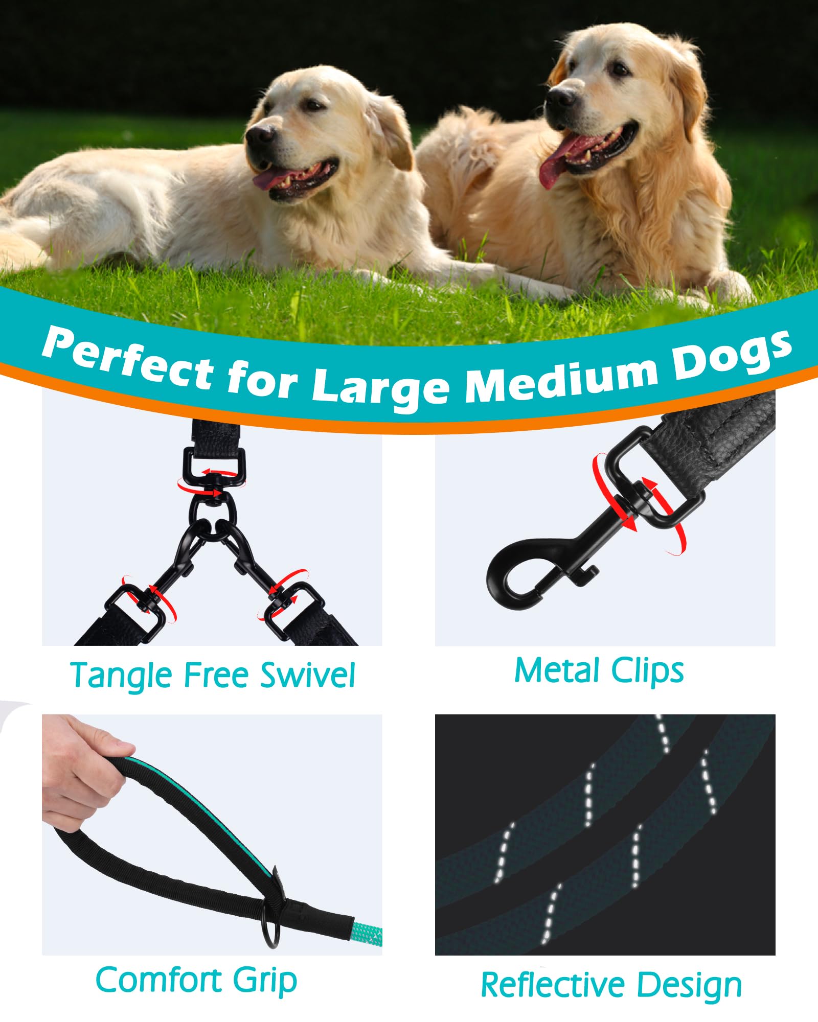 PetBonus Rope Double Dog Lead, No Tangle Dual Lead, Reflective Walking Training Leash with Two Comfortable Padded Handles - Image 2