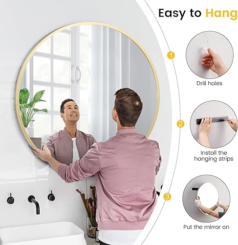 Miniatura 17 de Espejo redondo de 32 pulgadas para pared, espejo circular con marco de metal negro, espejo redondo de baño para decoración de pared, espejo