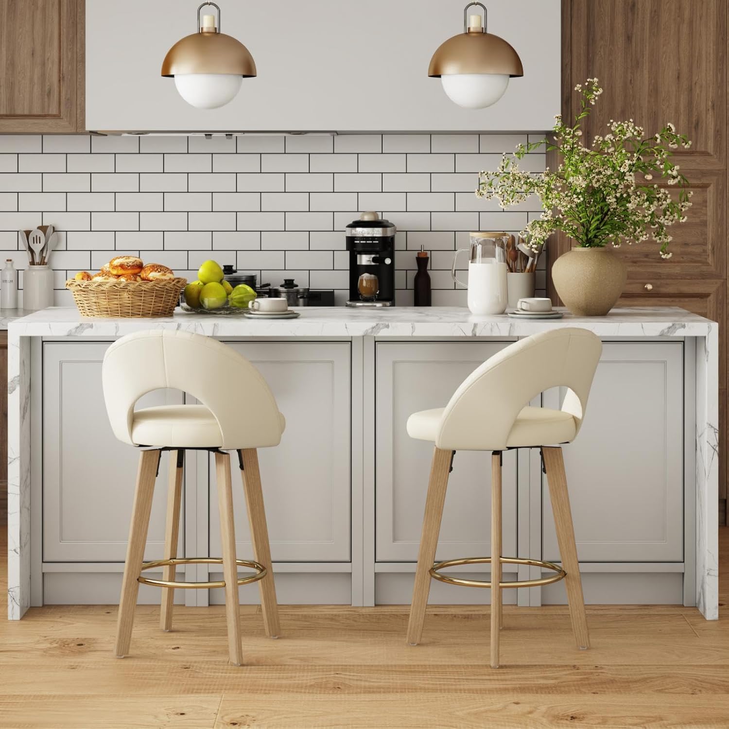 Bar Stools Set of 2, Swivel Counter Height Bar Stools with Bentwood Legs,Metal Footrest,Mid Century Modern Faux Leather Upholstered Counter Stools for Kitchen Island, Bar, Restaurant-Beige