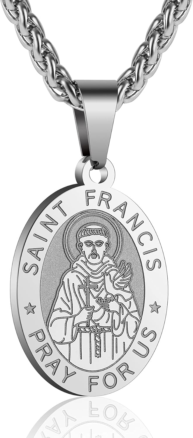 P. BLAKE Oval Saint Christopher/Michael/Joseph/Jude/Virgin Mary/Joseph/Francis/Patrick/Anthony/Benedict/Thomas Necklace for Men Women, Stainless Steel Catholic Patron Pendant with Chain 24 Inches