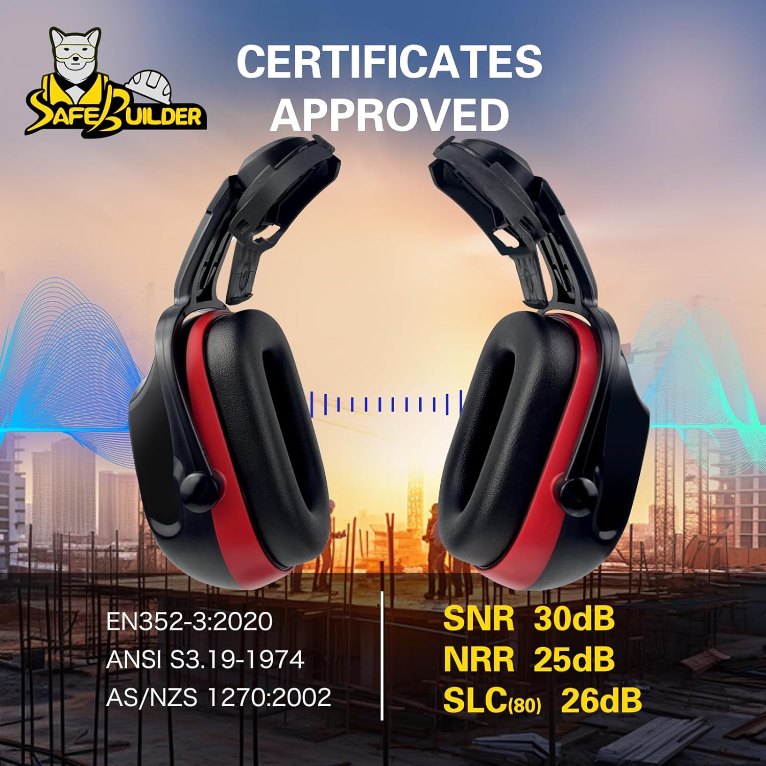 SAFEBUILDER 30dB Ear Muffs Hard Hats Type Safety Earmuffs For Safety Helmet Hearing Protection Earmuffs ANSI S3.19