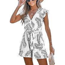 Women's Romper Tropical Flutter Sleeve Boho Overall V Neck Wide Leg Outfit Casual Beach