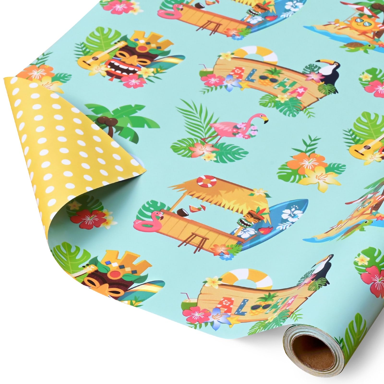 WERNNSAI Hawaiian Aloha Wrapping Paper - 1 Roll Tropical Hawaii Birthday Wrapping Paper for Kids Adult Reversible Yellow Gift Wrap Beach Summer Present Packing Decor Luau Party Baby Shower 43cm x 10m — image 1