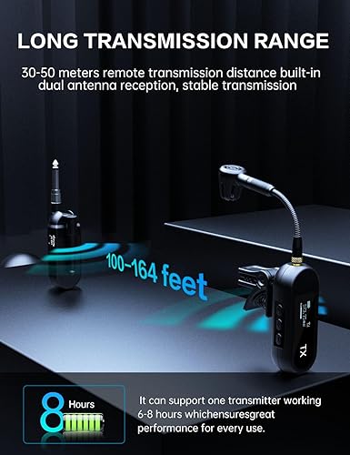 Miniatura 6 de EBJ Sistema de micrófono de saxofón UHF inalámbrico, micrófono de instrumento de clip, saxofón y trompeta, ecualizador preestablecido y nivel de eco