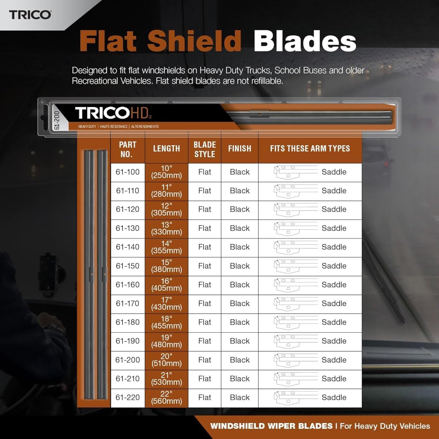 2 Wiper Set - Trico 61-130 13" Wiper Blades Fit Heavy Duty Vehicles w/Flat Windshields & Saddle Attachment