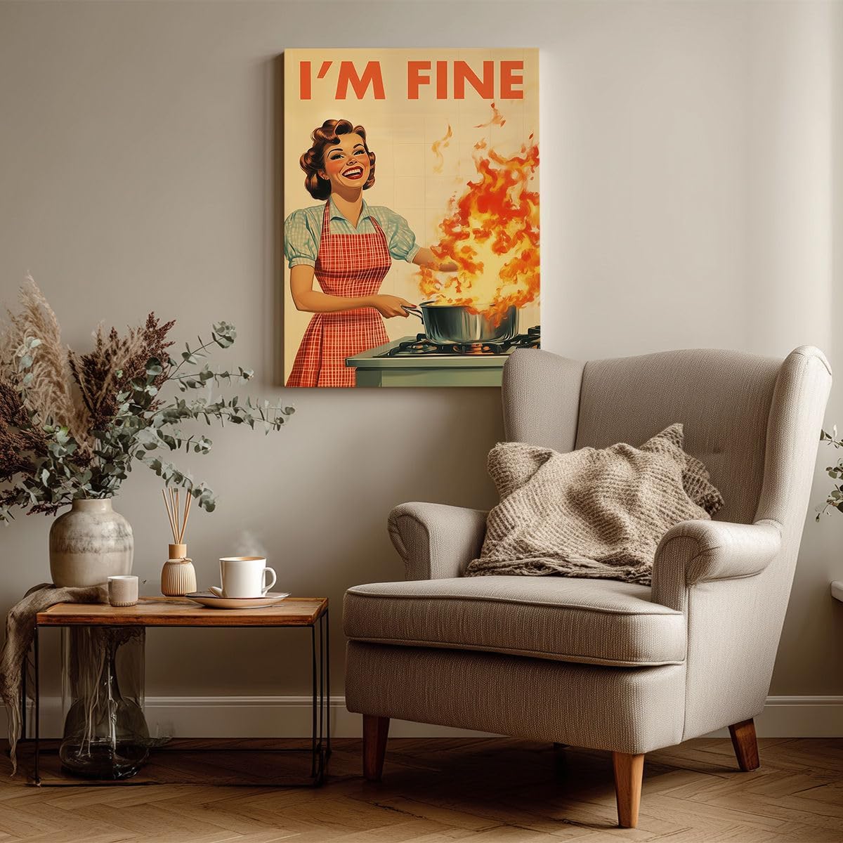 Funny Retro Kitchen Wall Art – “I’M FINE” Vintage Humor Poster – Mid Century Housewife Fire Cooking Print – Quirky Wall Decor for Home, Café, Office 12x16inch-Unframed - Image 7