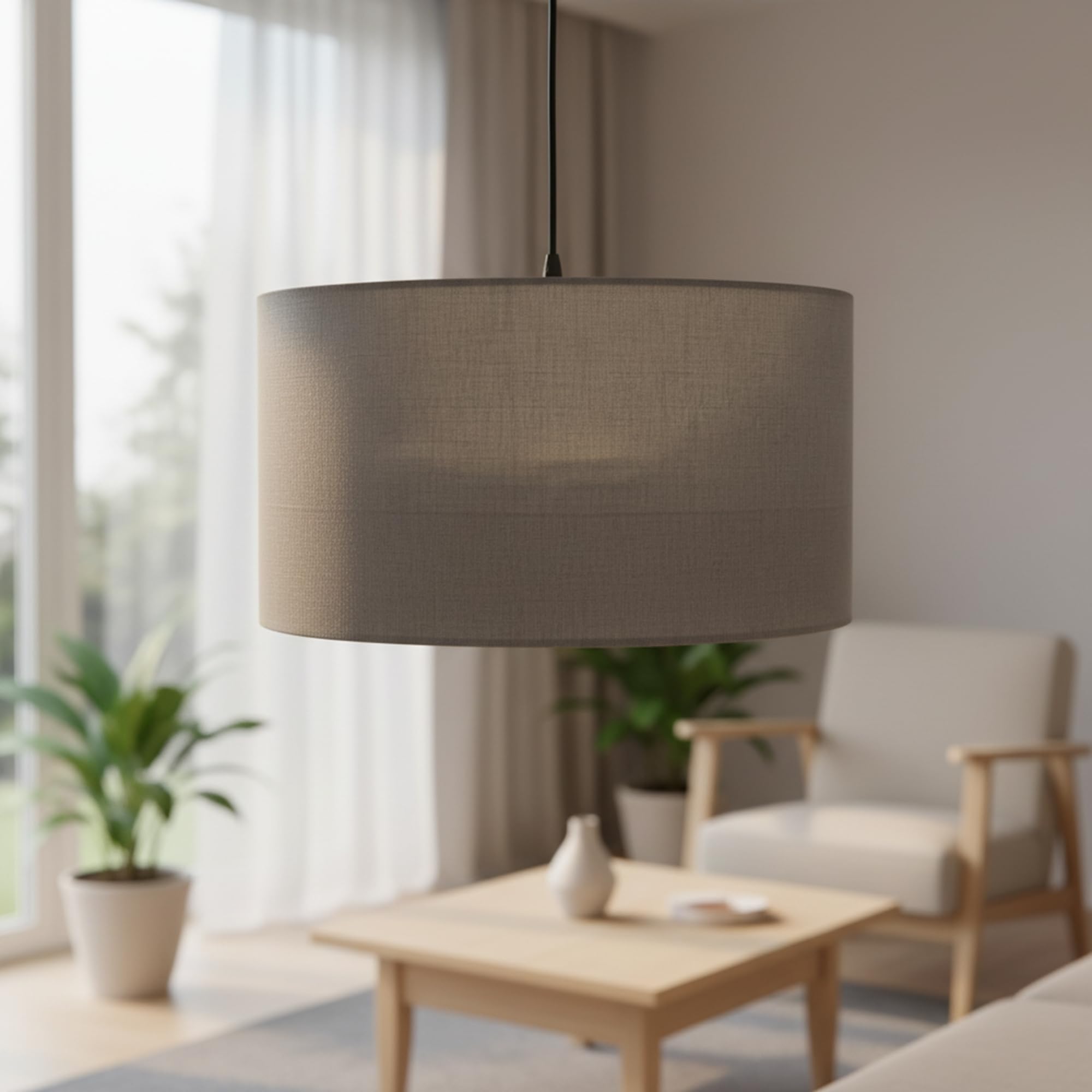 Grey Drum Hanging Lamp – Fabric Shade for Dining Room, Living Room, Bedroom, Kitchen Island, Pendant Light, Black Canopy (18 Inches)-image-0