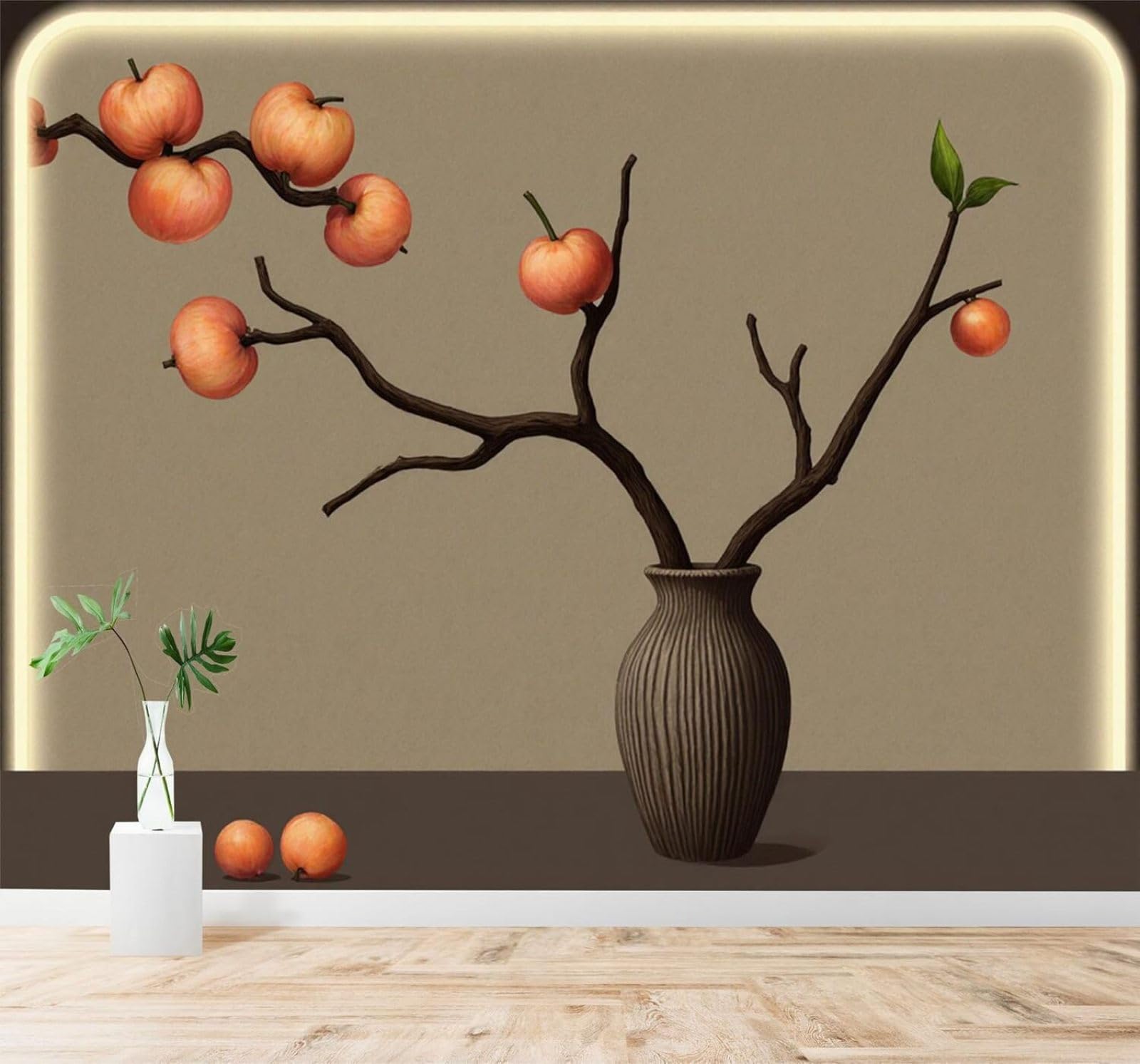 Xlming 150Cm×105Cm(B×H) Minimalist Style Branches Fruit Ceramic Vase Art 3D Wallpaper Silky Texture Home Study Office Grey Dining Room Sofa Bedroom Living Room Tv Backdrop-150Cm×105Cm