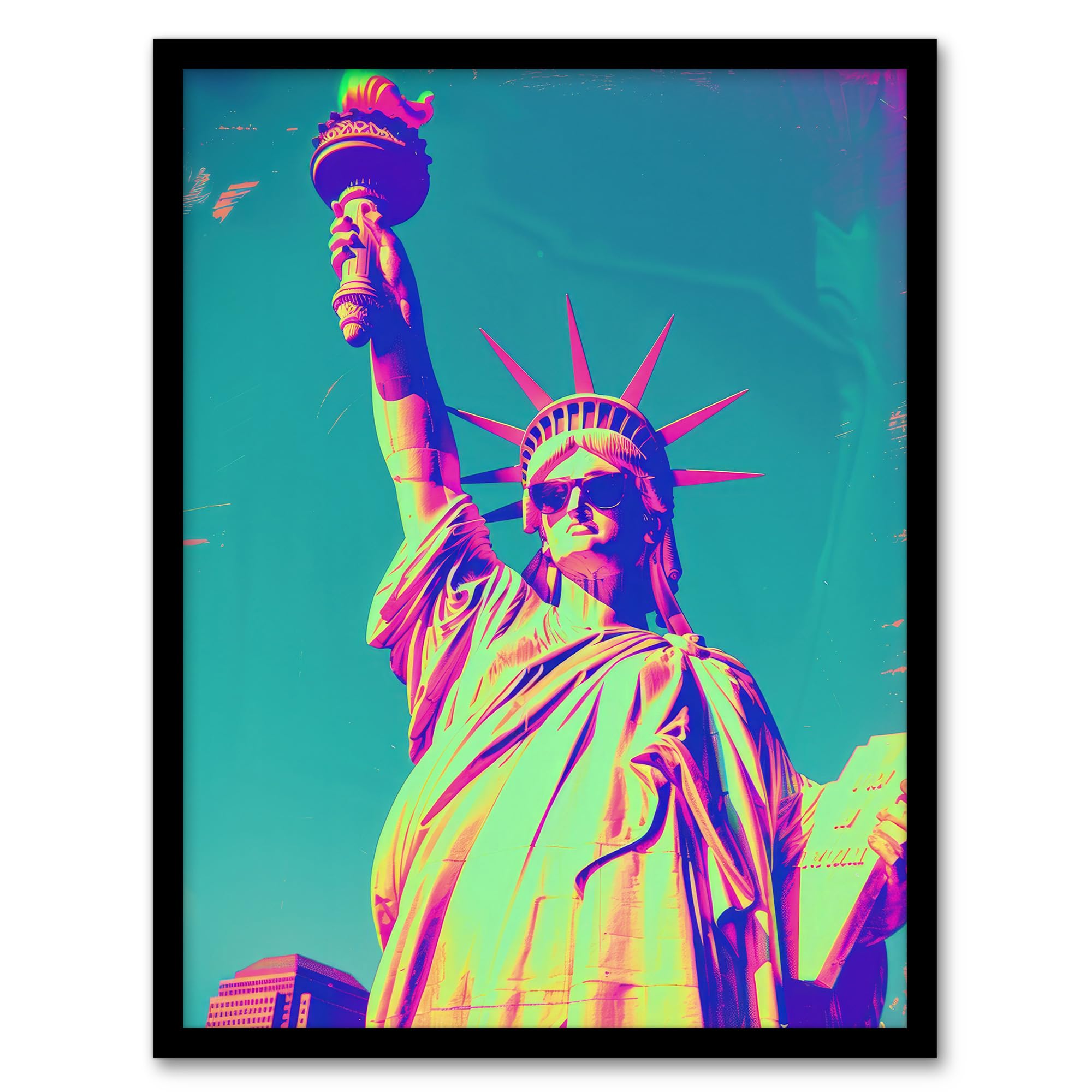 Artery8 Statue of Liberty Sunglasses Vibrant Neon Design For Living Room Artwork Framed Wall Art Print A4